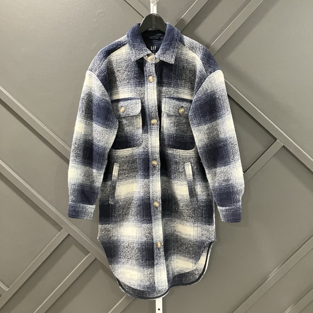 Gap Plaid Shirt Jacket Shacket Longline Button Front Blue Womens Size Medium